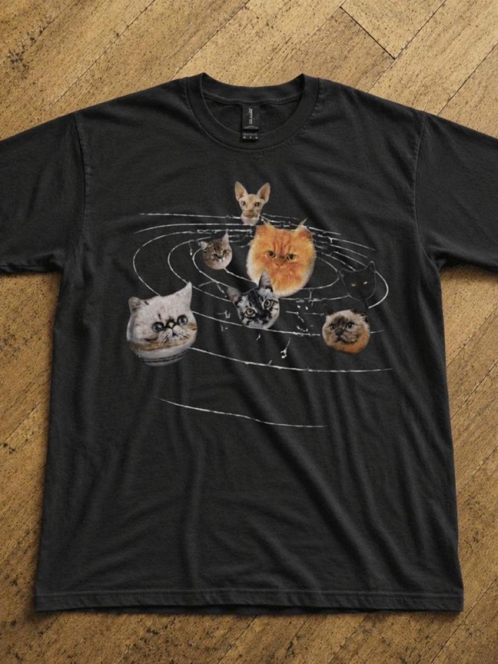 Gildan Black Cat Galaxy Tee with Multi-Color Cat Faces